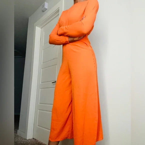 Orange long-sleeve Wrap Front Jumpsuit - Picture 7 of 11